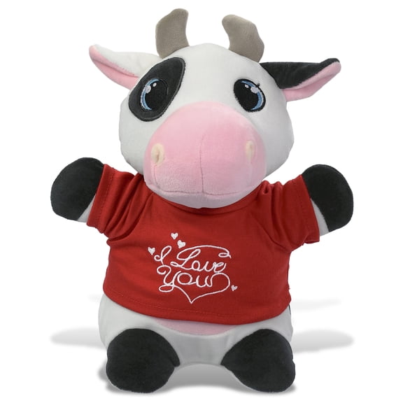 DolliBu I LOVE YOU Snug-Mooshies Standing Cow Plush- Cute Cow Plush Stuffed Animal with I Love You Red Shirt For Valentine, Anniversary, Romantic Date, Boyfriend, or Girlfriend Gift - 10 Inches
