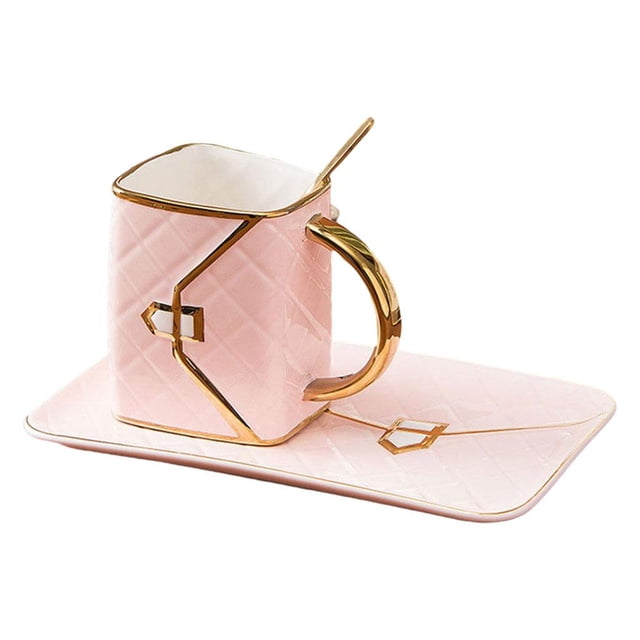 Shape Coffee Cup with Coaster And Spoon Set 310ml Tea Mug Drinkware Wear-Resistant Big Capacity Thick Texture , Pink