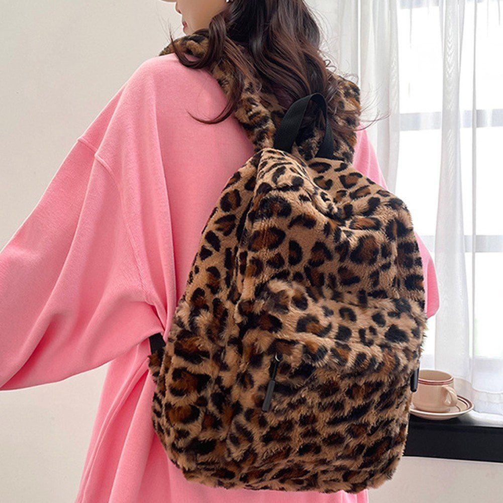 Jiibva Plush Animal Leopard Print Backpack for Women Stylish Bag Personalized Travel Shoulder Bag Bookbag Trendy Daypack Purse