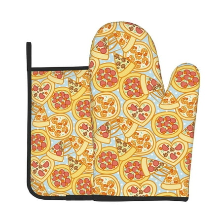 

Xecao Cute Pizza In Various Pattern Oven Mitts and Pot Holders Sets Heat Resistant Silicone Oven Mittens Extra Thicken Long Kitchen Cotton Oven Glove for Cooking