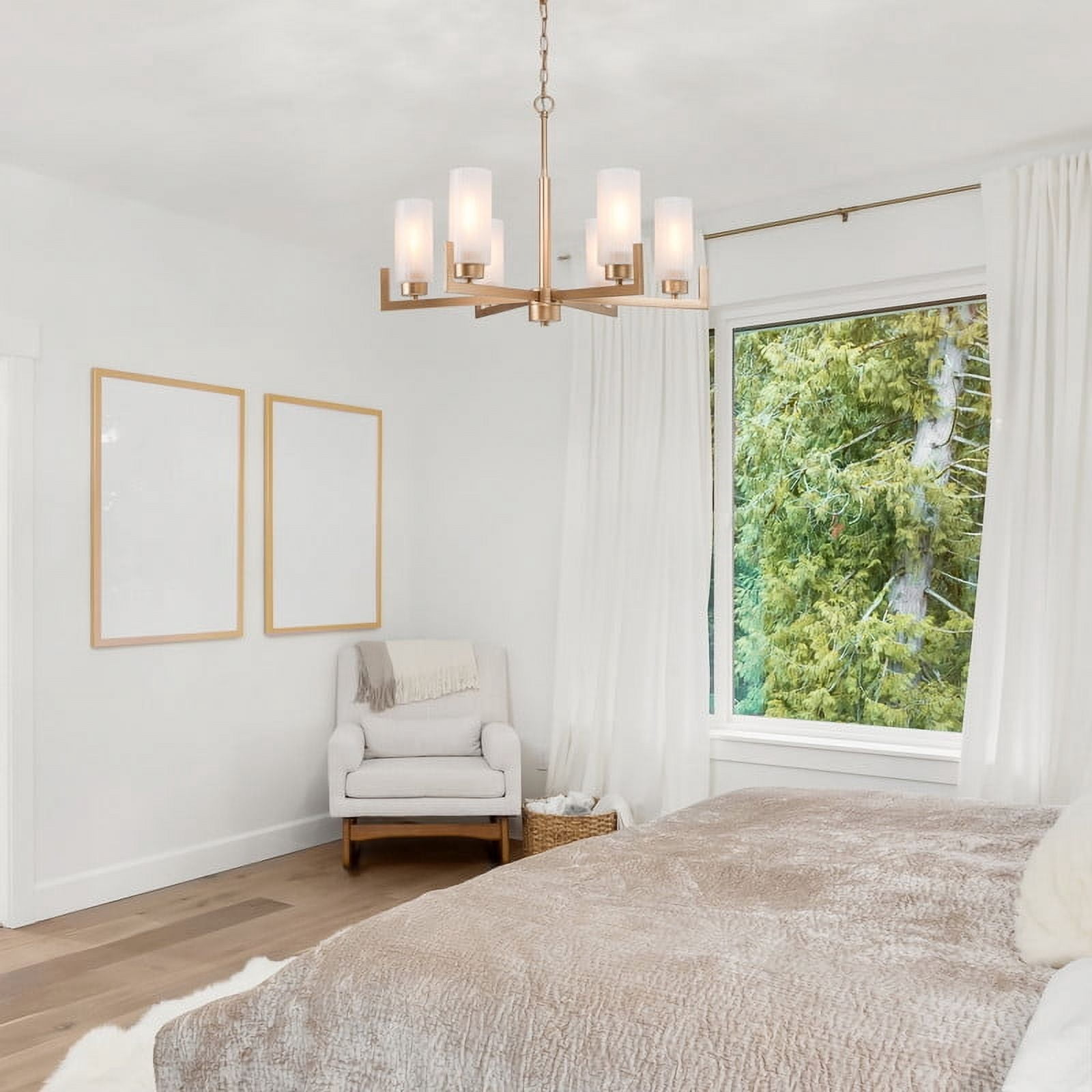 LNC 6-Light Gold Linear Chandelier with Frosted Glass for Kitchen or Dining Room