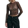 thumbnail image 2 of Women'S Mesh See Through T Shirt Fashion Money Print Long Sleeve Crop Top Slim Tee Tops Black Leopard L, 2 of 9