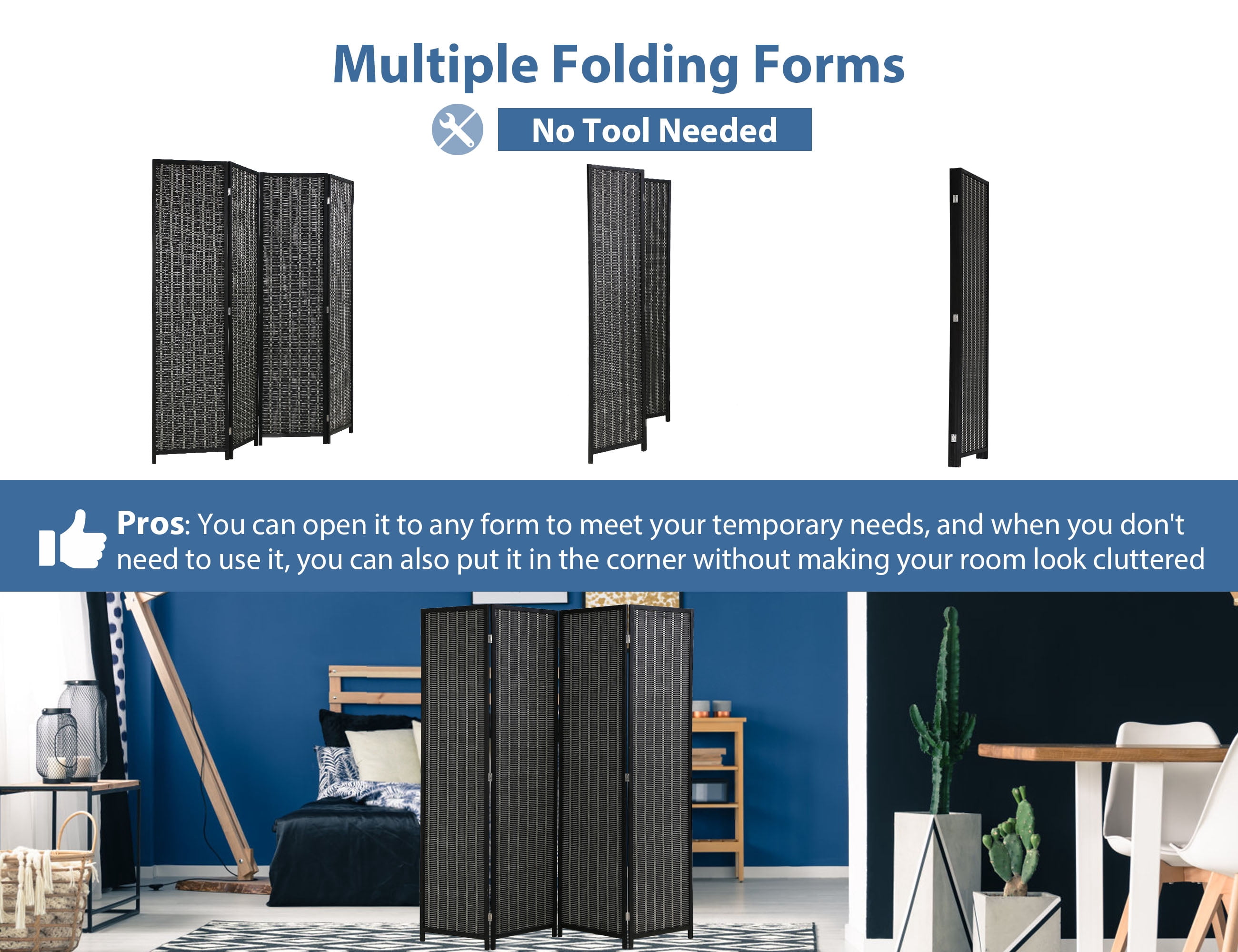 CL.HPAHKL Bamboo Room Divider 4 Panel Folding Privacy Screen Freestanding Wall Divider 6 ft Tall Room Partitions and Dividers for Home Bedroom Living Room, Black