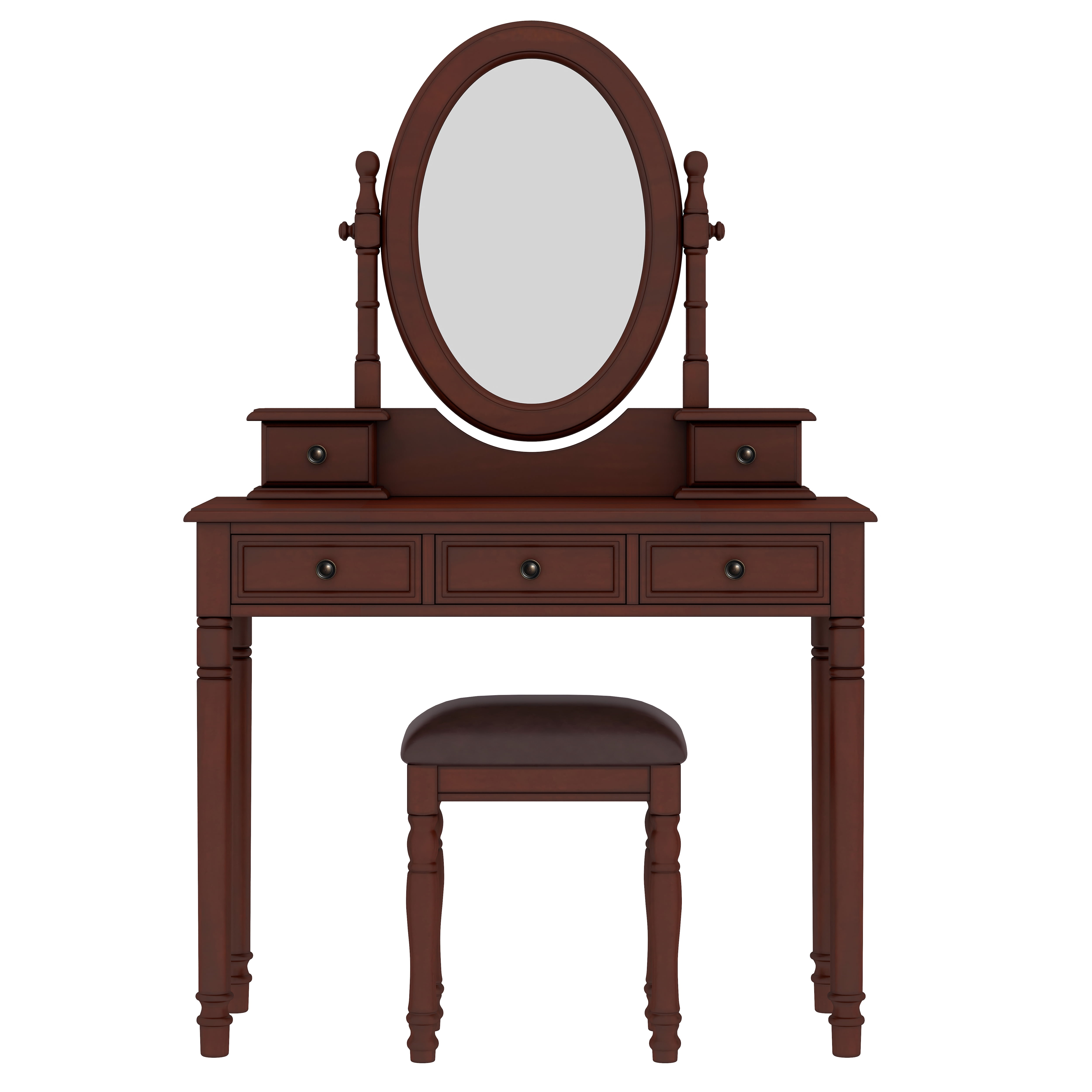 Euroco Vintage Wooden Vanity Desk Set with Adjustable Mirror, Cushioned Stool & 5 Velvet-Lined Drawers, Solid Wood Makeup Table with Oval Mirror and Carved Details