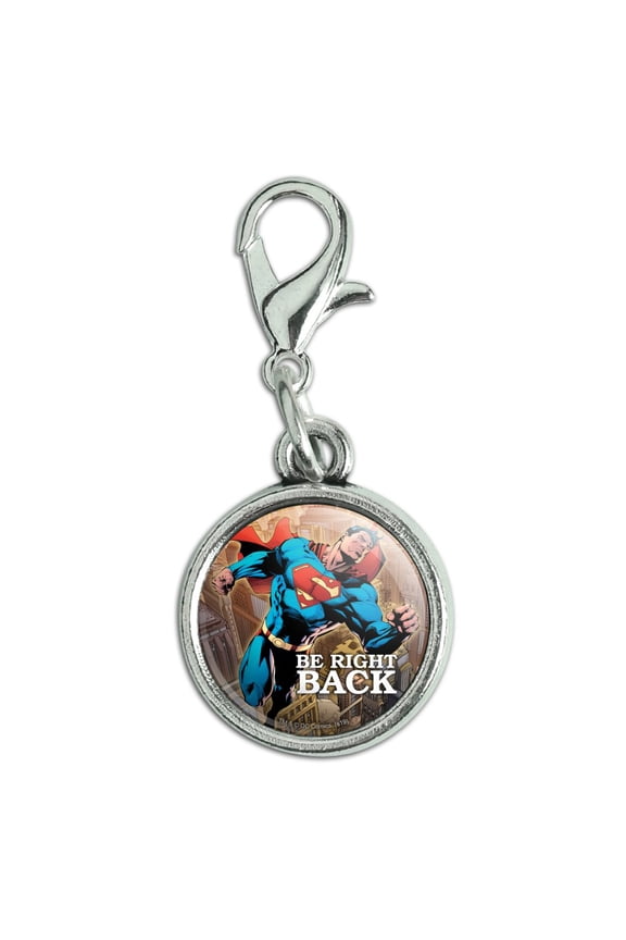 Superman Be Right Back Antiqued Bracelet Pendant Zipper Pull Charm with Lobster Clasp