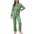 thumbnail image 1 of Pijama de satén para mujer INSPIRE CHIC, camiseta de noche a rayas con botones y pantalones, conjunto de pijama L verde brillante, 1 of 4