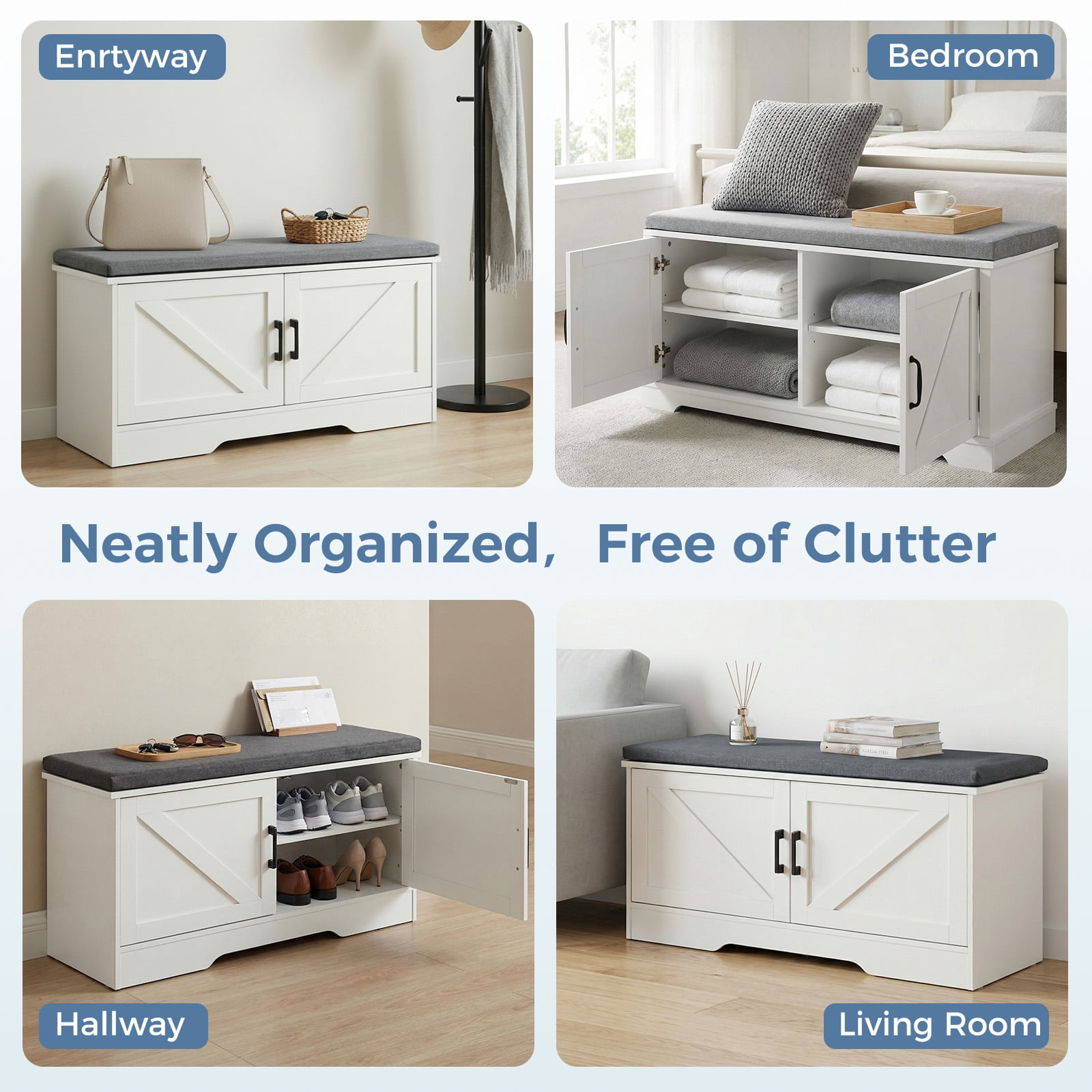 Hommoo Wooden Shoe Storage Cabinet with Cushioned Seat, 39-inch Modern Entryway Organizer for Living Room, Hallway & Bedroom, White & Gray