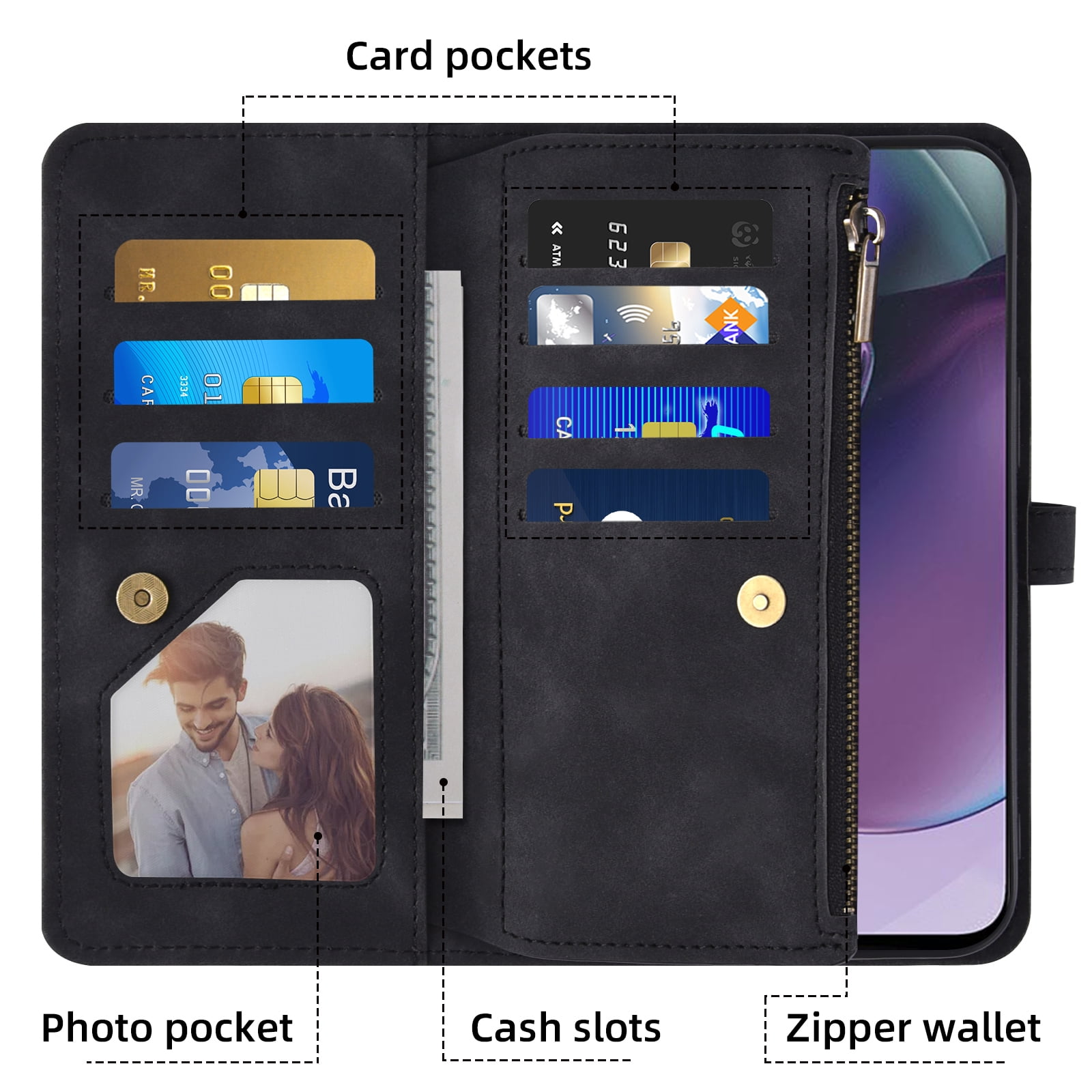 Asuwish Phone Case for Motorola Moto G Stylus 5G 2023 Wallet Cover With Tempered Glass Screen Protector Crossbody Wrist Strap Flip Pattern Zipper Card Holder Cell GStylus G5 XT2317DL XT2315-5 Black