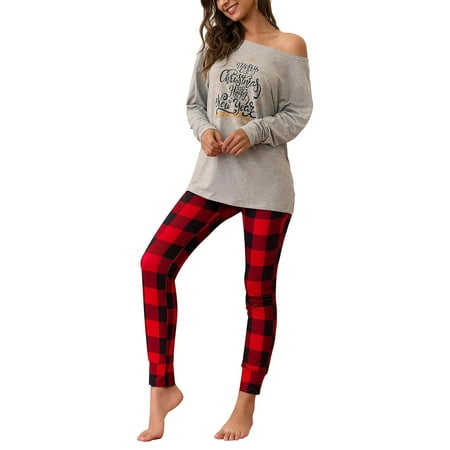 Christmas Pajamas Set for Women Ladies Long Sleeve Sexy Off Shoulder ...