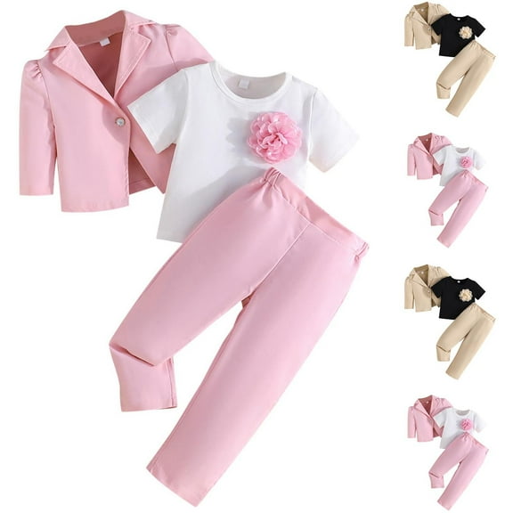 MKOSPLRT 3 Piece Sets for Kids Girls 3-9Y Puff Long Sleeve Notch Collar Blazer Jacket Flower Shirts Dress Pants Solid Lounge Sets