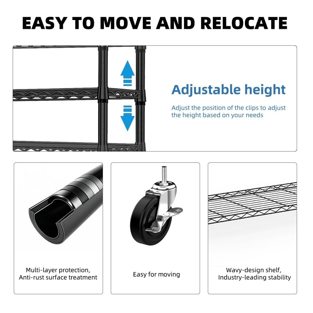 Heavy Duty Garment Rack on Wheels, Rolling Clothes Rack with Adjustable Shelves, 2 Hanging Rods, Side Hooks, Freestanding Closet Organizer, Black