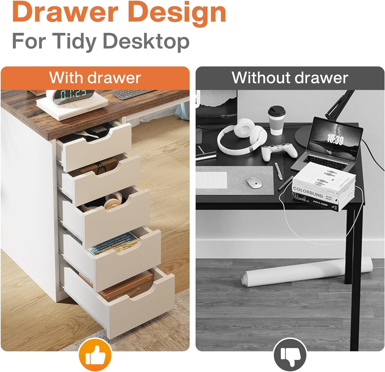 Tribesigns Modern Computer Desk with 5 Drawers, 47 in Brown Home Office Desk with Storage for Adult