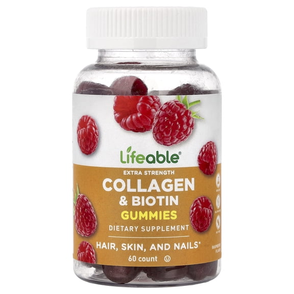 Lifeable Collagen & Biotin Gummies, Raspberry, 60 Gummies