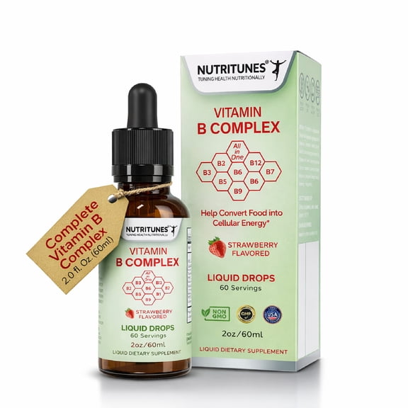 NUTRITUNES Liquid Vitamin B Complex Drops – High Potency B-Vitamin Supplement, Strawberry, 2oz