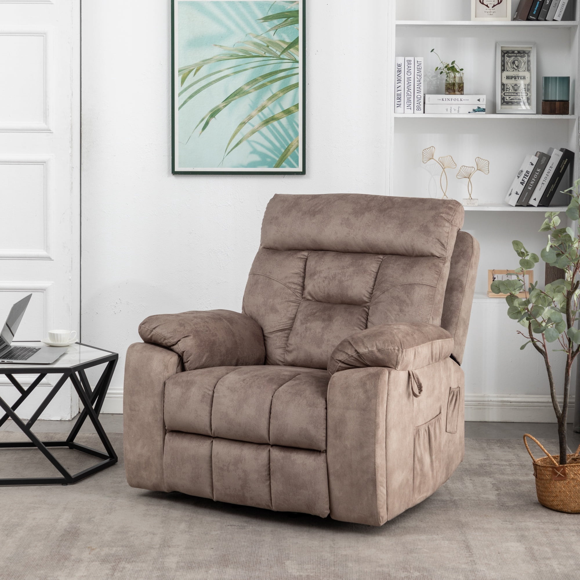 Power Lift Recliner Chair for Father/Mother Gift, 26" Wide Velvet Electric Massage Recliner with Massage & Heat, Living Room Chair, Light Brown