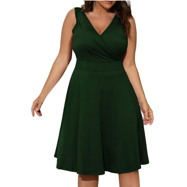Pisexur Robe d'Été Grande Taille pour Femmes Robe Portefeuille Unie Col en V Sans Manches Robe Dos Nu Élégante Robe Évasée de Cocktail Midi