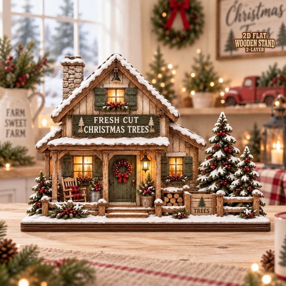 Rustic Wooden Block Christmas Cottage Fresh Cut Tree Farm Decor