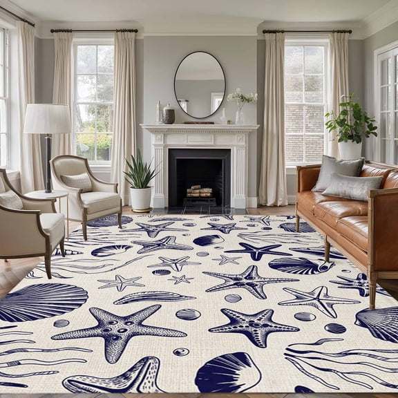Navy Blue Coastal Area Rugs 8'x10', Washable Small Throw Rugs for Living Room Patio, Summer Beach Ocean Coral Shell Rustic Indoor Outdoor Rug Non-Slip Low Pile Carpet Runner Reversible Floor Mats