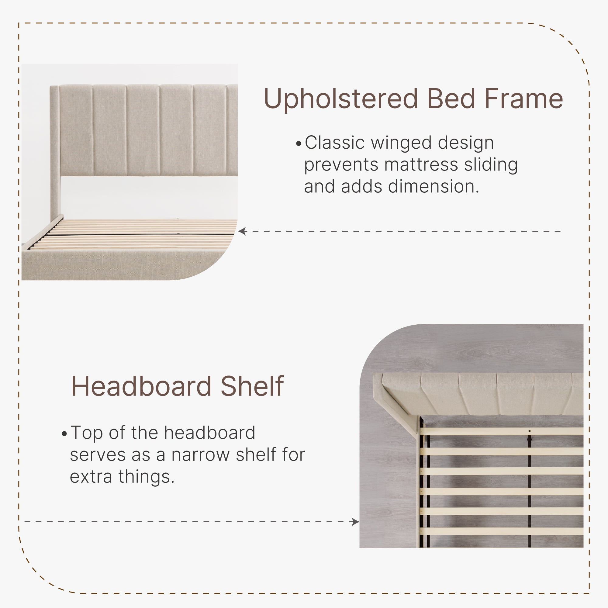 Spruce & Spring Upholstered Platform Bed Frame with Wingback Headboard Queen