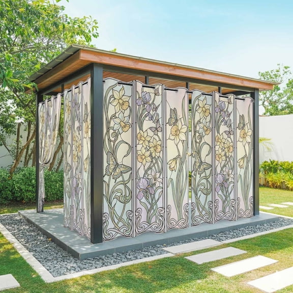 1 Panel Outdoor Curtains for Patio Waterproof 54"x84", Butterflies Flowers Weatherproof Privacy Outsides Curtains, Vintage Geometric Colorful Glass Floral Grommet Thermal Drapes for Cabana Porch