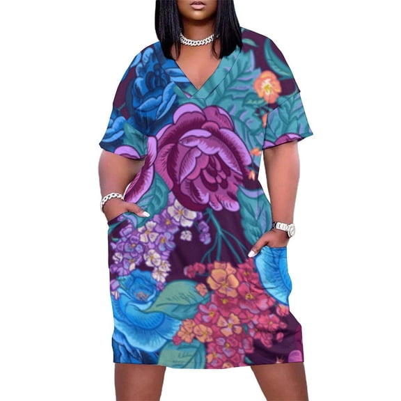 Vibrant Floral Seamless Pattern Design Summer Sundress for Curve Women Casual Pattern Plus Size V Neck Short Sleeve Loose Fit Oversize Dresses