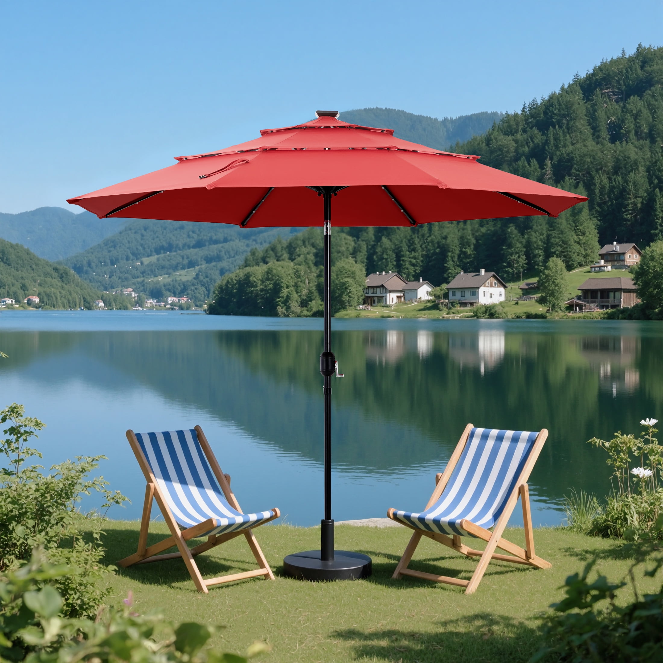 SHOUFTW 9.2ft 3-Tier Solar Patio Umbrella with LED Lights, Tilt, Crank, for Garden, Deck, Pool, Red