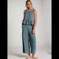 thumbnail image 4 of Conjunto de Chaleco Informal Sin Mangas con Cuello Redondo Plisado para Mujer, Pantalones Cortos de Pierna , Gris y Azul S, 4 of 6