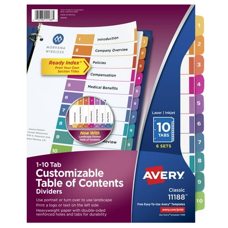 - Avery� Ready Index� 10-Tab Binder Dividers, Customizable Table of Contents, Multicolor Tabs, 6 Sets (11188)