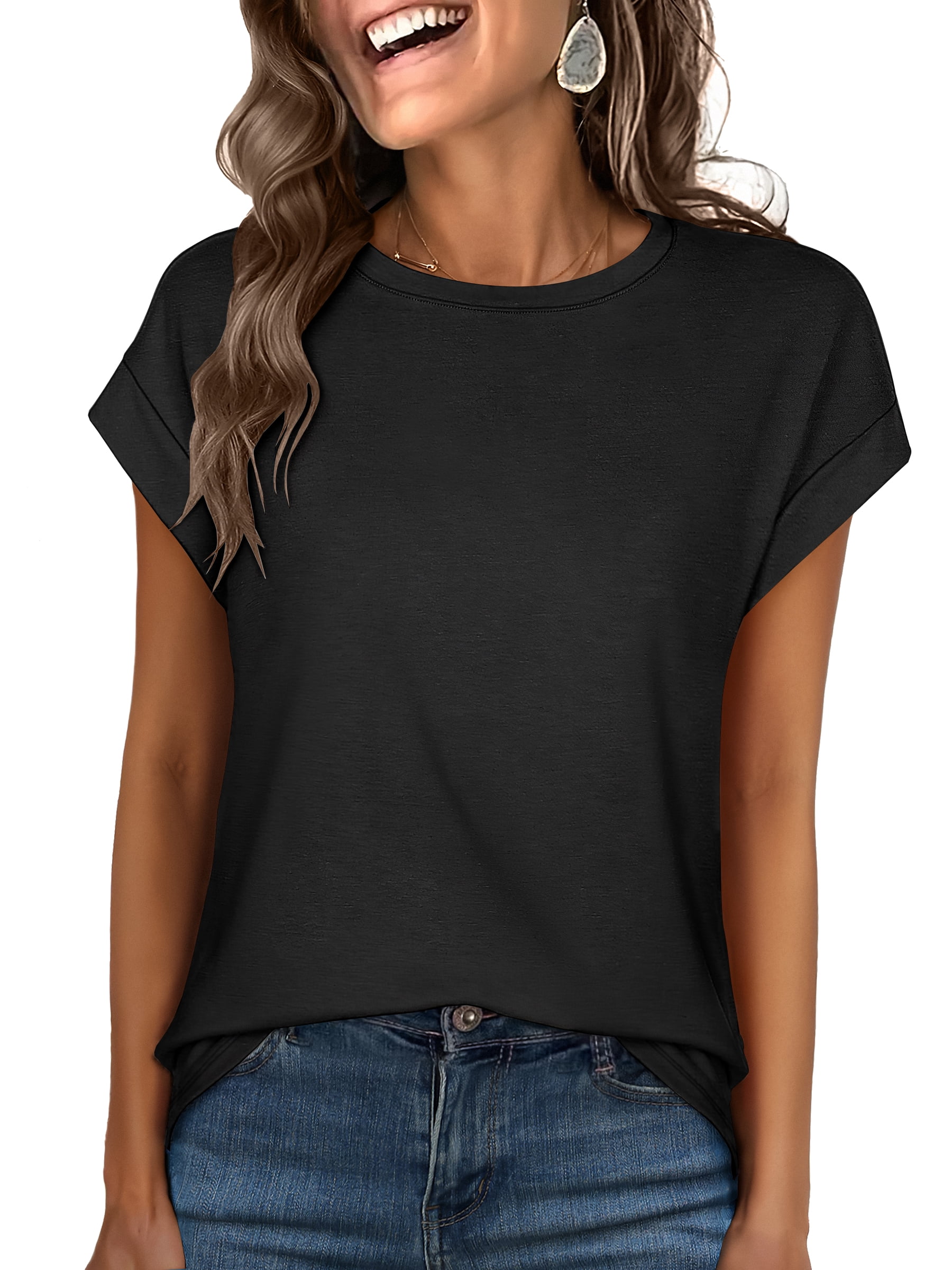 ANRABESS Womens Tops Summer Cap Sleeve Basic Tee Shirts 2026 Trendy Loose Fit Casual Dressy Business Work Tshirts Clothes Black S