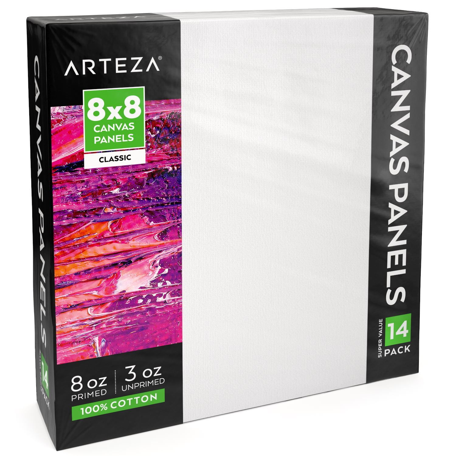 Arteza Canvas Panels, Classic, White, 8'x8', Blank Canvas Boards for Painting- 14 Pack