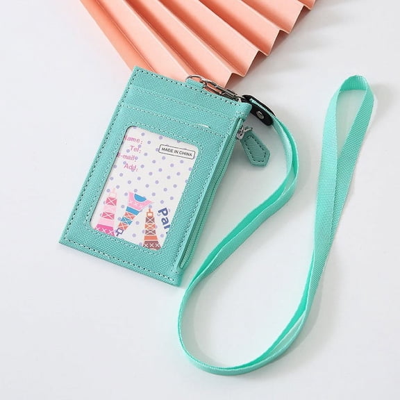 Multi Slot Zipper Leather Credit Card Badge Case Holder With Lanyard