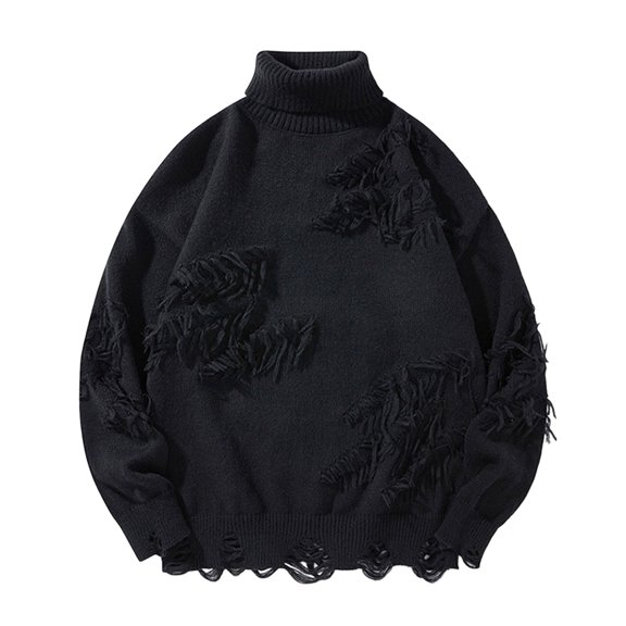 Men's Ripped Sweater Male Long Sleeve Distressed High Neck Pullover Jumpers Black Size XXL