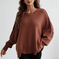 thumbnail image 2 of Cuello redondo de manga larga knit pullover Top mujeres moda Loose Pure color split hem suéter para citas, 2 of 7