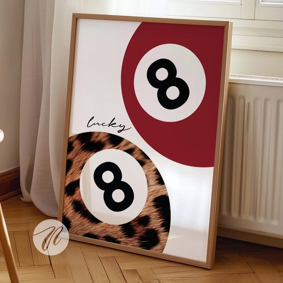 Red Leopard 8 Ball Wall Art Lucky Dorm Decor, Unframed Paper Print Size 8x12