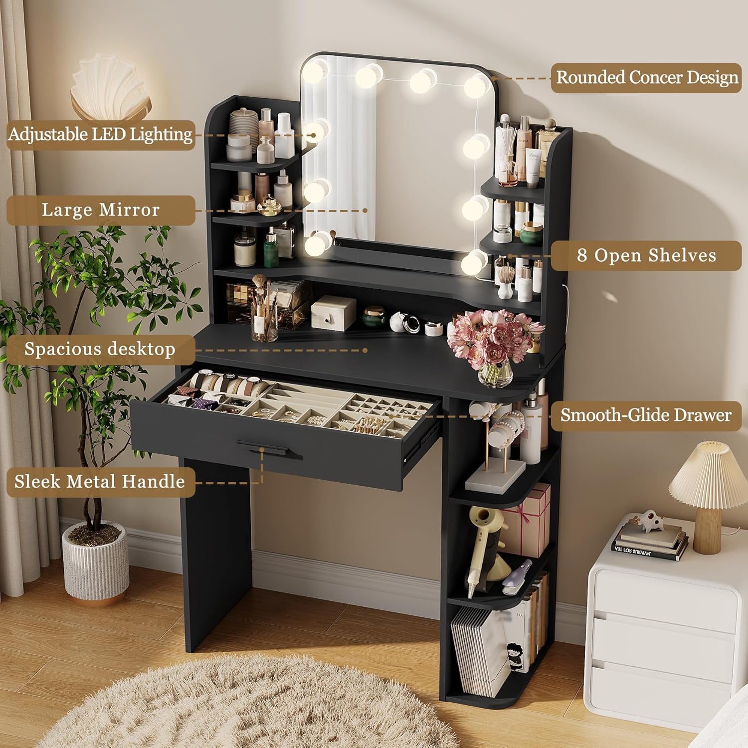Pipleo 31" W Makeup Vanity Desk with Mirror and Lights, Small Vanity Table with 8 Storage Shelves, Big Drawer and 3 Lighting Colors, Bedroom Vanity for Girls