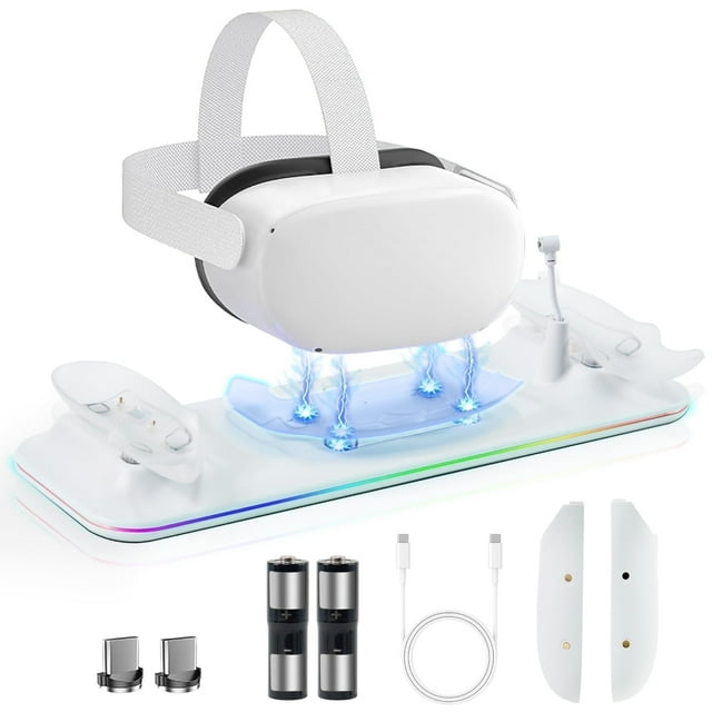 Base de Carga para Meta Quest 3, Soporte Magnético de Carga Rápida para VR Oculus Quest 3, con Luz LED, con 2 Baterías Recargables de 1200mAh, Color Blanco