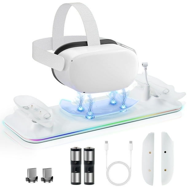 Base de Carga para Meta Quest 3, Soporte Magnético de Carga Rápida para VR Oculus Quest 3, con Luz LED, con 2 Baterías Recargables de 1200mAh, Color Blanco