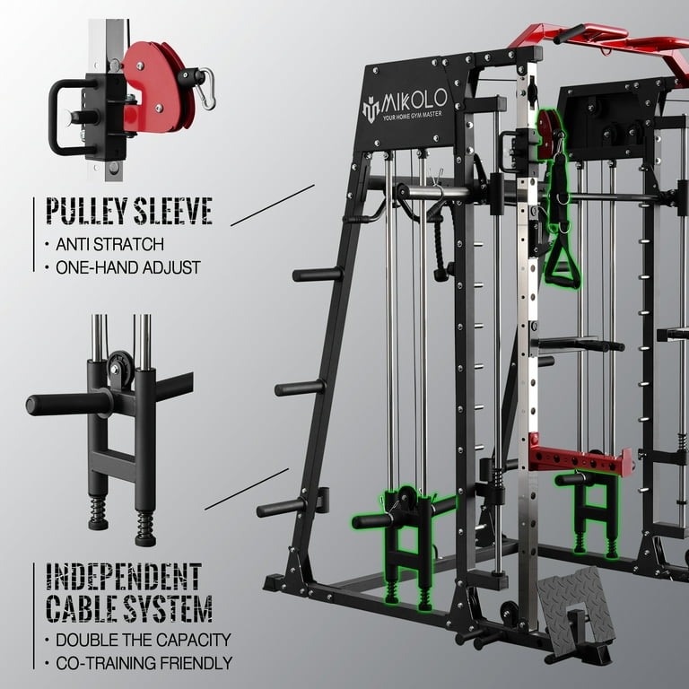 Mikolo Smith Machine Home Gym, 2200 lbs Power Rack Cage with Cable Crossover, Weight Bar, 360° Landmine, Barbell Holders and Other Attachments, Total Body Strength Training Cage