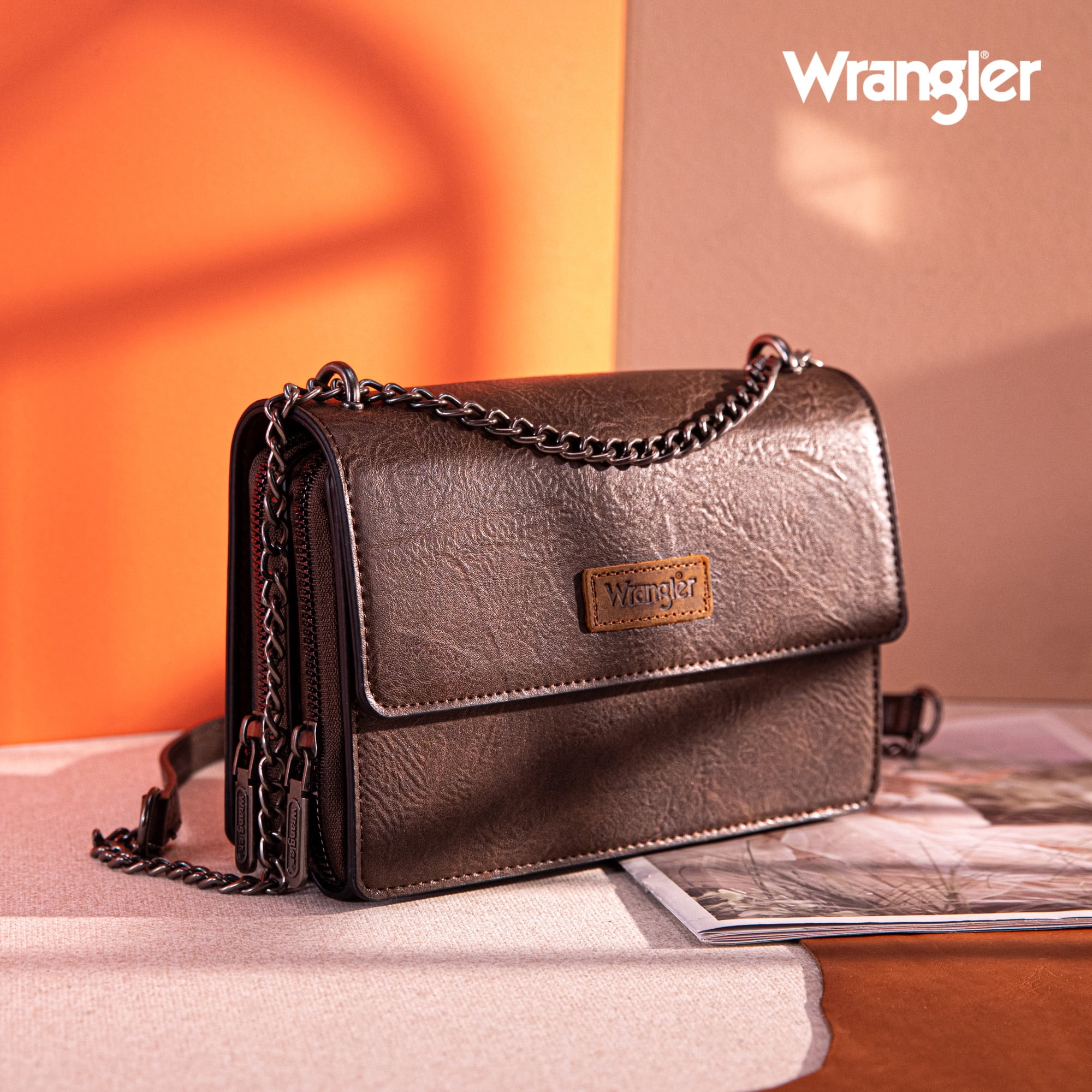 Wrangler Flap CrossBody Purse for Women Small Shoulder Bag with Chain Strap, Coffee