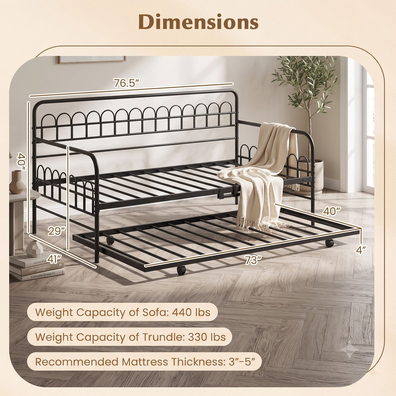 Furnibear Twin Metal Daybed with Pull-Out Trundle and Arched Rail Detailing on Lockable Casters for Bedroom and Guest Room, Black