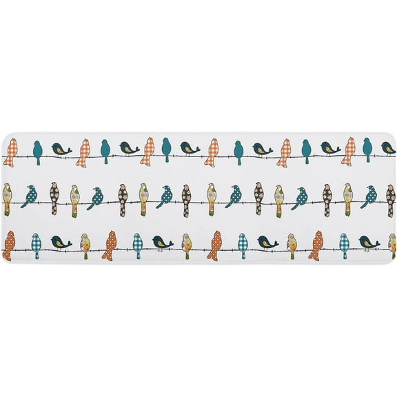 Kitchen Mat Rug 1 PCS Birds on The Wire Teal Grey Orange Runner Rug Anti-Fatigue Comfort Memory Foam Standing Mat Non-Slip Floor Door Mat for Bathroom Bedroom 18x47in