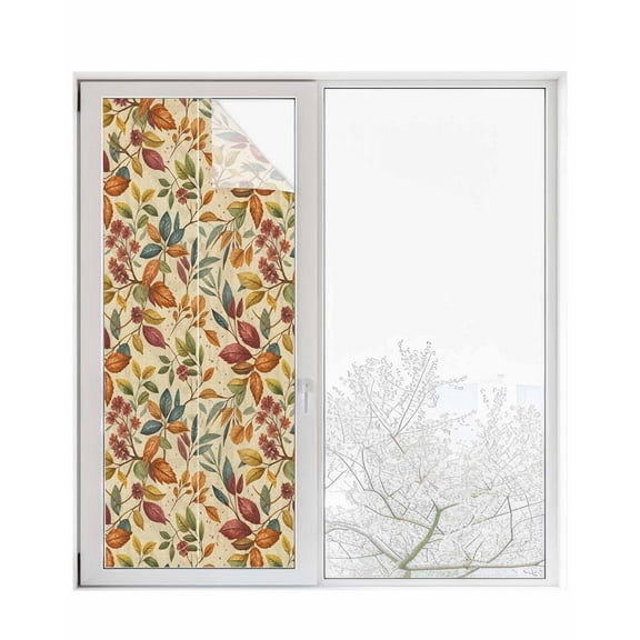 Window Privacy Film Fall Leaves Stained Glass Window Film Decorative Sun Block Window Cover Farmhouse Beige Botanical Leaf Autumn Window Clings Static Adhesive Sticker for Bathroom 23.6"x59"