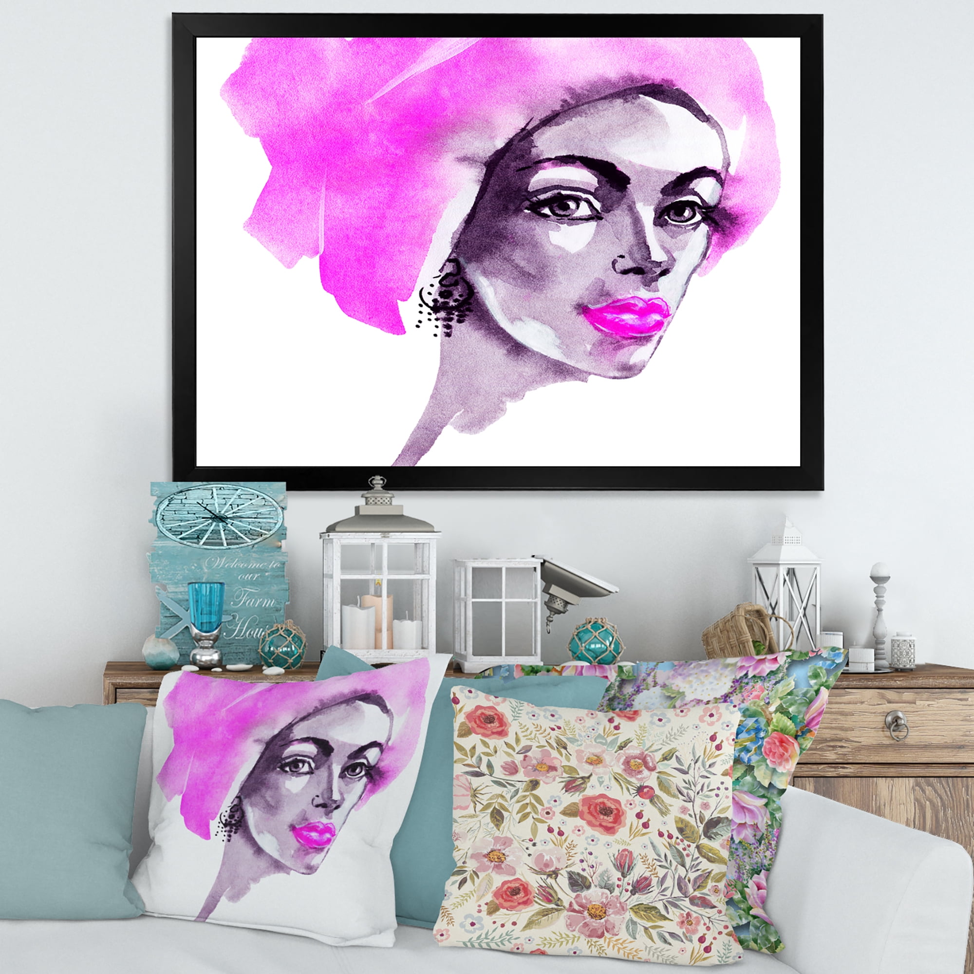 Designart 'Afro American Pink Woman Fashion Portrait' Modern Framed Art Print