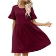 thumbnail image 1 of Amzcrzy Dresses for Women Summer Dress Women's Spring/Summer European And Temperament Commuting Solid Color Ruffle Sleeves Round Neck Dress Short Sleeve Round Neck Knee Length Dress, 1 of 5