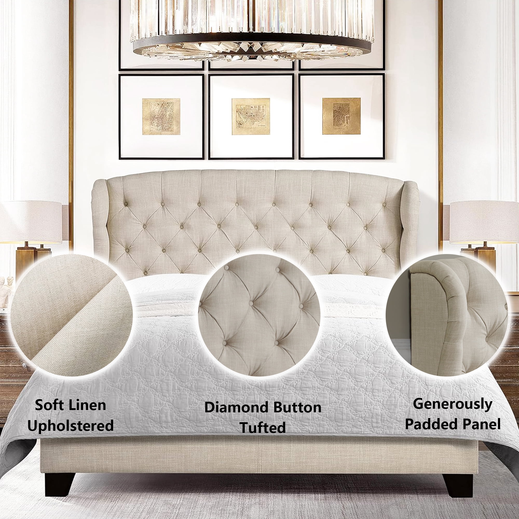 Queen Size Classical Bed Frame with Adjustable Button Tufted Headboard, Fabric Upholstered Platform Bed Frame for Bedroom, Strong Wooden Slat Support, Easy Assembly, Beige