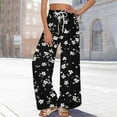 thumbnail image 2 of Mlqidk Boho Pants for Women Lounge Loose Fitted High Waist Pants Elastic Drawstring Wide Leg Capri Pants Summer Bohemian Floral Print Trouser with Pockets Black M, 2 of 5