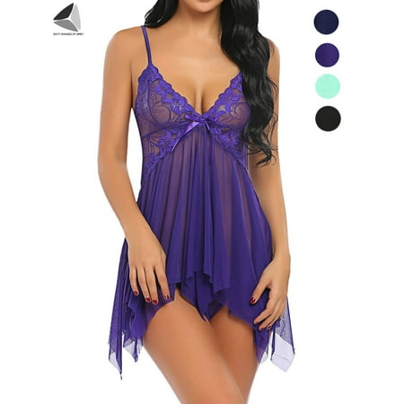 PULLIMORE V Neck Sexy Lingerie for Women Lace Babydoll Sleepwear Boudoir Outfits Lace Nightdress (L  Purple)