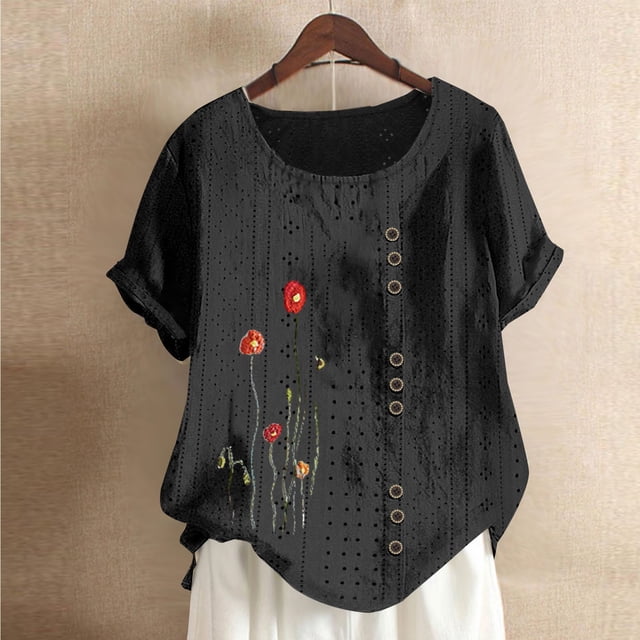Blouses pour Femmes, Mode Féminine Imprimée Confortable Ample Manches Courtes Blouse Boutonnée Col Rond Décontracté