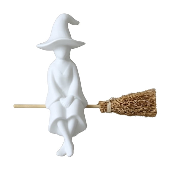 Voglyf White Witch Sitting on Broom Decor, Witch Figurine Shelf Sitter, Matte Ceramic Statue,Spooky Tabletop Display Decor for Mantel, Shelf, Desktop, Indoor Home Halloween Party Decoration