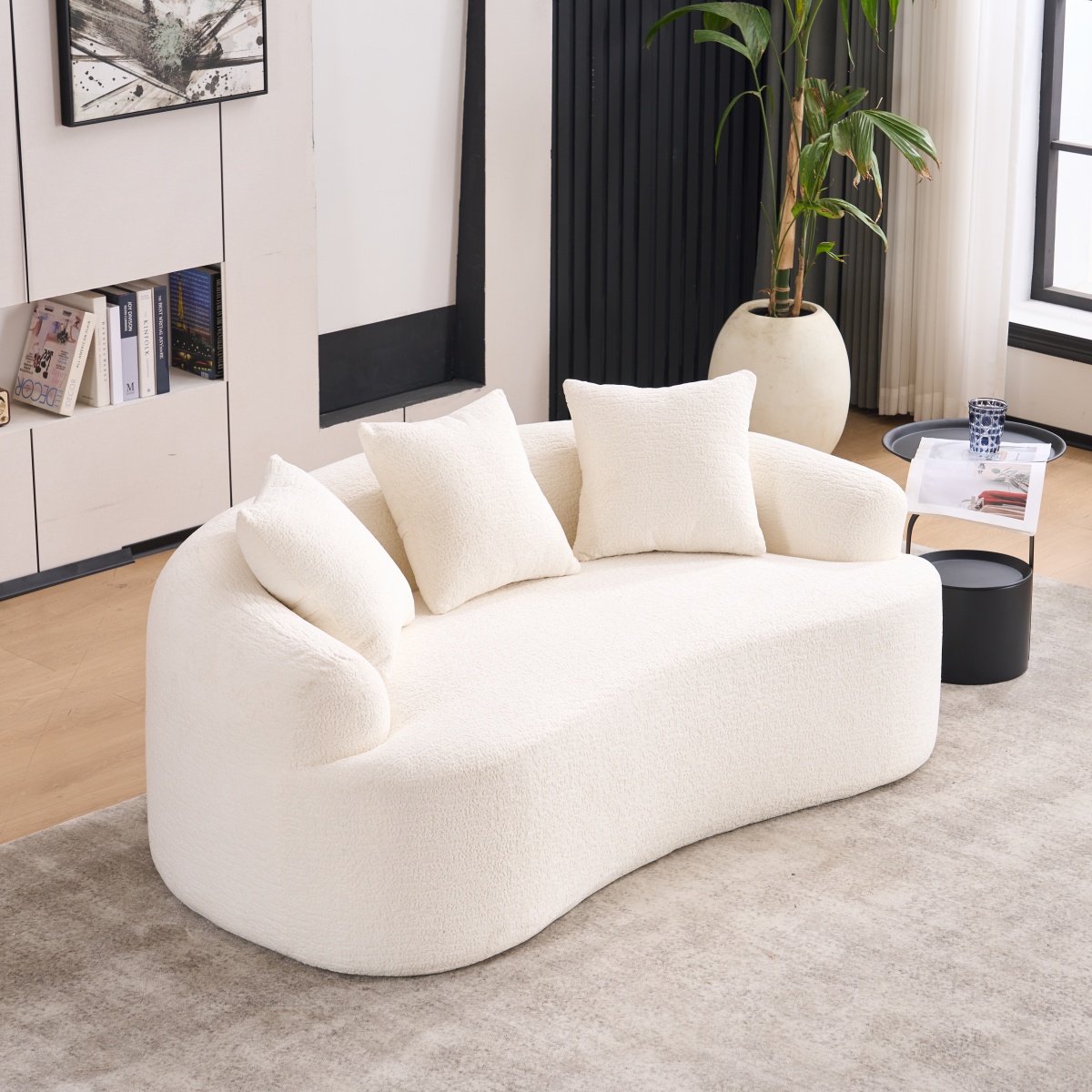 Curved Loveseat - 30D Chenille Sofa with Full Compression Sponge, 65"L 300 lbs Capacity, 3 Pillows No Assembly for Small Spaces & Apartments,Off-White